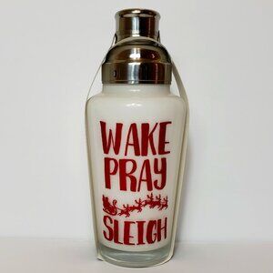 Bebe GLASS Cocktail Shaker  “WAKE PRAY SLEIGH” White Red Holiday New